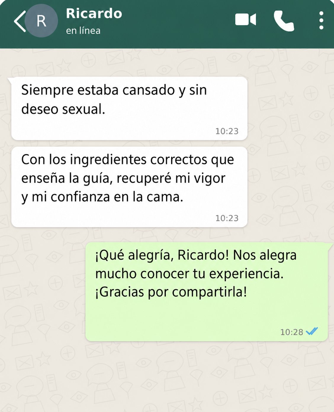 Conversación de WhatsApp con Ricardo contando que recuperó su vigor