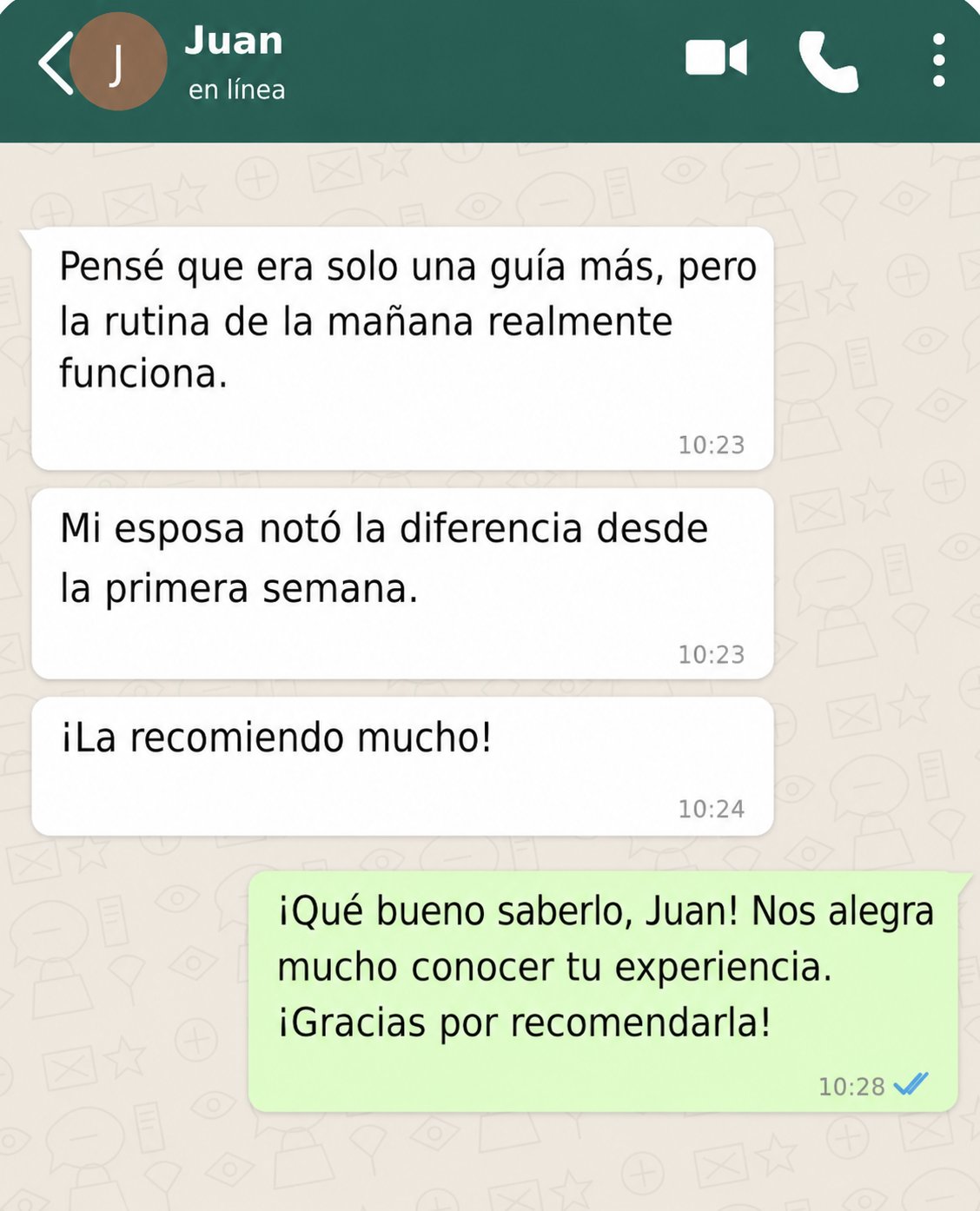 Conversación de WhatsApp con Juan recomendando la guía