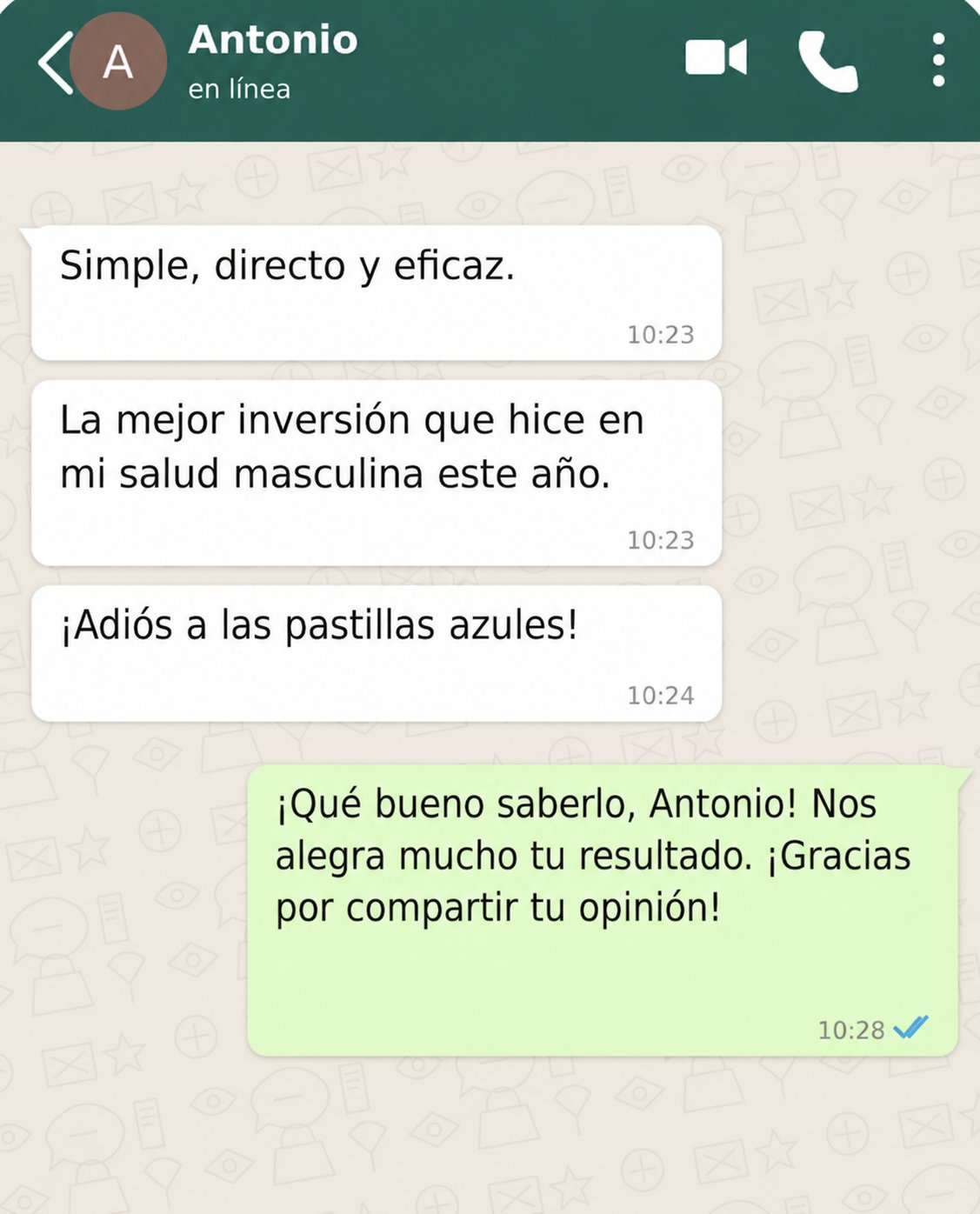 Conversación de WhatsApp con Antonio elogiando el material