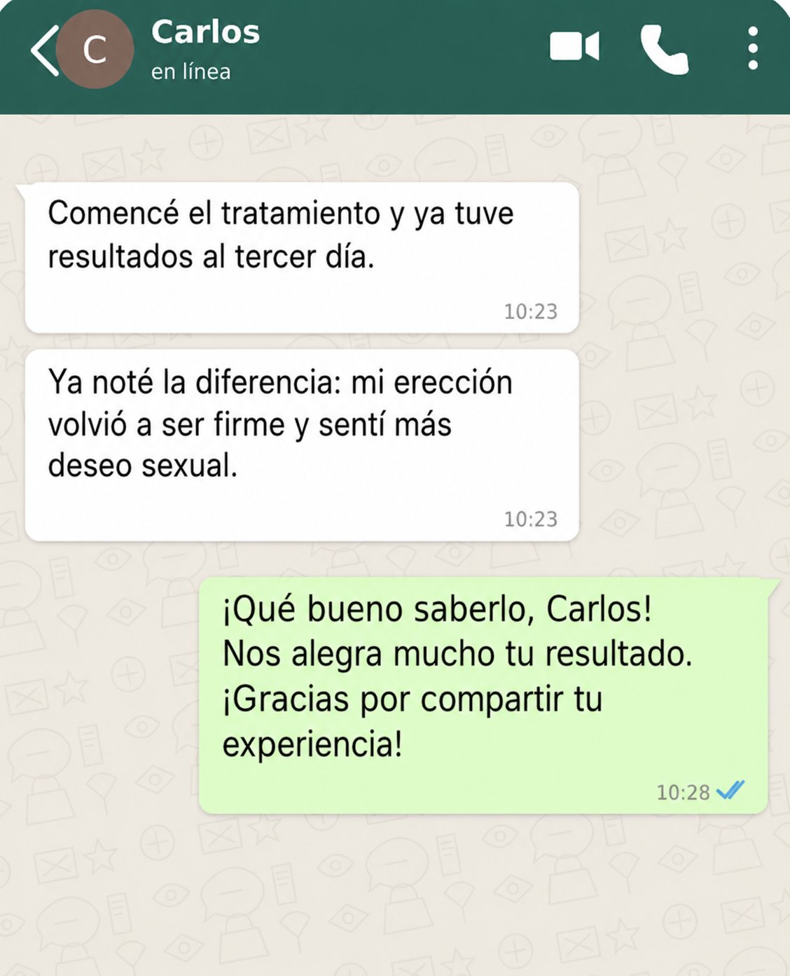 Conversación de WhatsApp con Carlos contando su resultado al tercer día